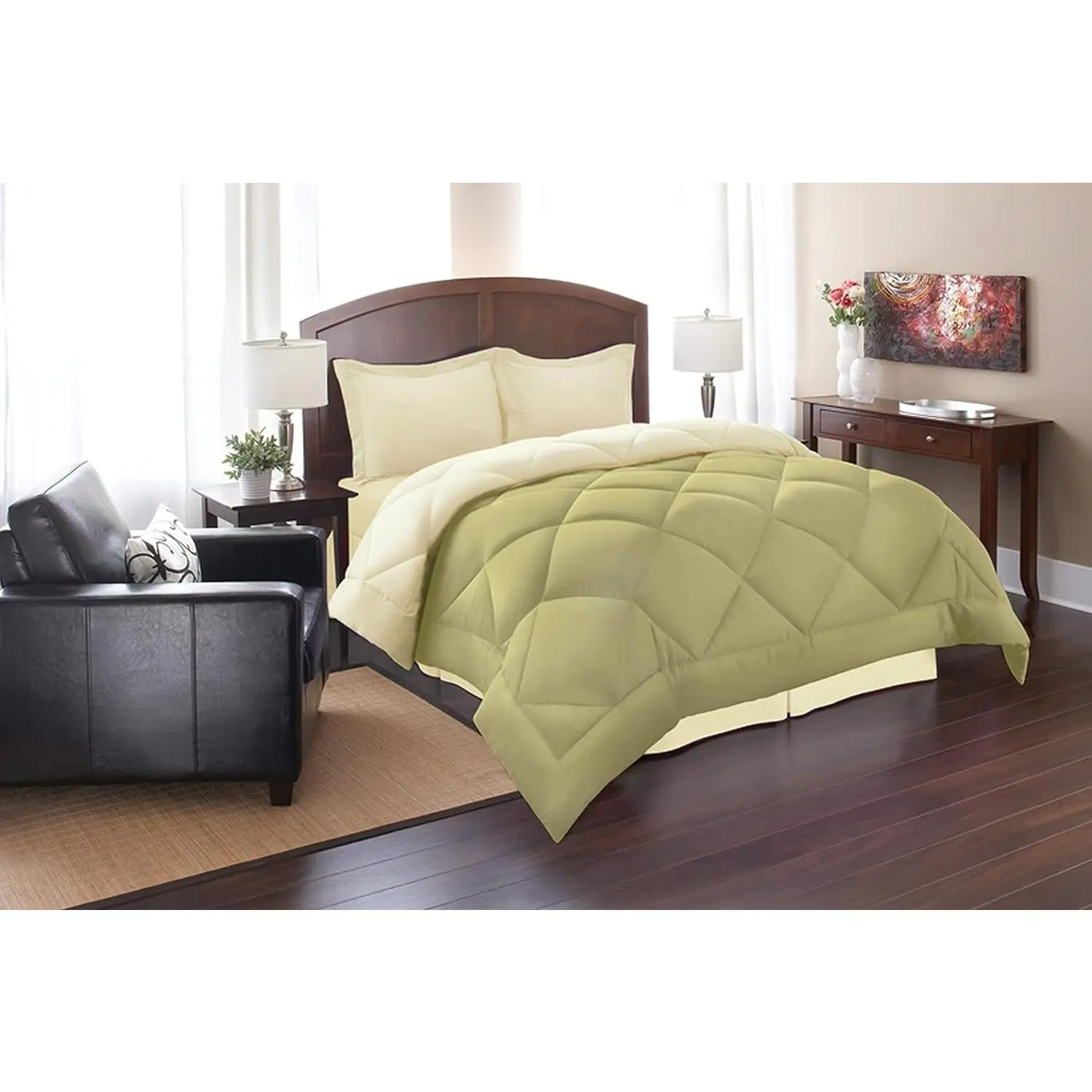 Classic Diamond Stitching All Seasons Easy-Care Microfiber Goose Down Alternative Reversible 3-Piece Comforter Set - Machine Wash, Full/Queen Size, Sage/Cream Color (Multiple Colors Available), Microfibre