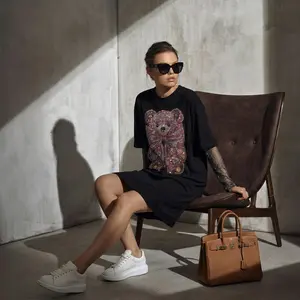 Greenish TCH Hot Diamond Bear Mesh Splicing Sleeve Loose T-shirt Dress for Women, Spring/Summer 2026 New Collection