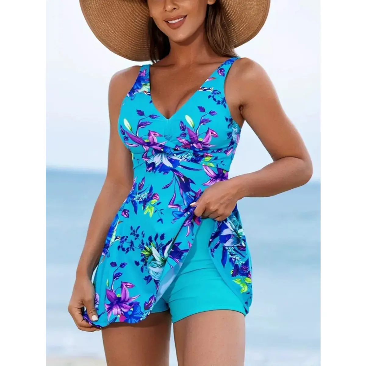 Women's New Skirted Tankini Set, Tropical Print Sexy Strap Swimsuit,Deep V Neck Twist Front Flowy Swim Dress Top with High Waist Boyshort Bottom, Tummy Control Modest Conservative Bathing Suit Pool Beach Swimwear