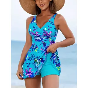 Women's New Skirted Tankini Set, Tropical Print Sexy Strap Swimsuit,Deep V Neck Twist Front Flowy Swim Dress Top with High Waist Boyshort Bottom, Tummy Control Modest Conservative Bathing Suit Pool Beach Swimwear