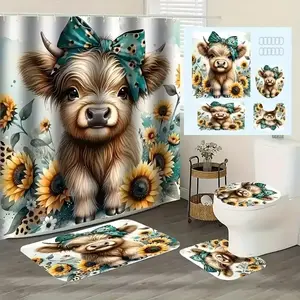 1/4pcs creative Highland cow sunflower design, exquisite shower curtain set, non-slip floor mat, U-shaped carpet, toilet lid cover, perfect for bathroom decoration, partition, beautify the space, 12 shower curtain hooks are given