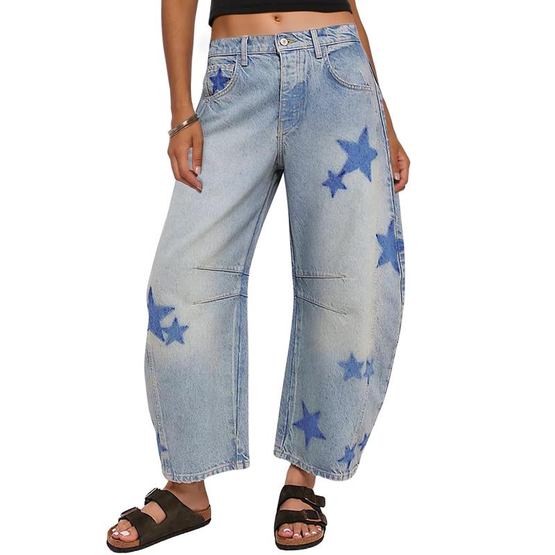 Barrel Jeans Women Wide Leg Baggy Distressed Printed Boyfriend Horseshoe Denim Pants