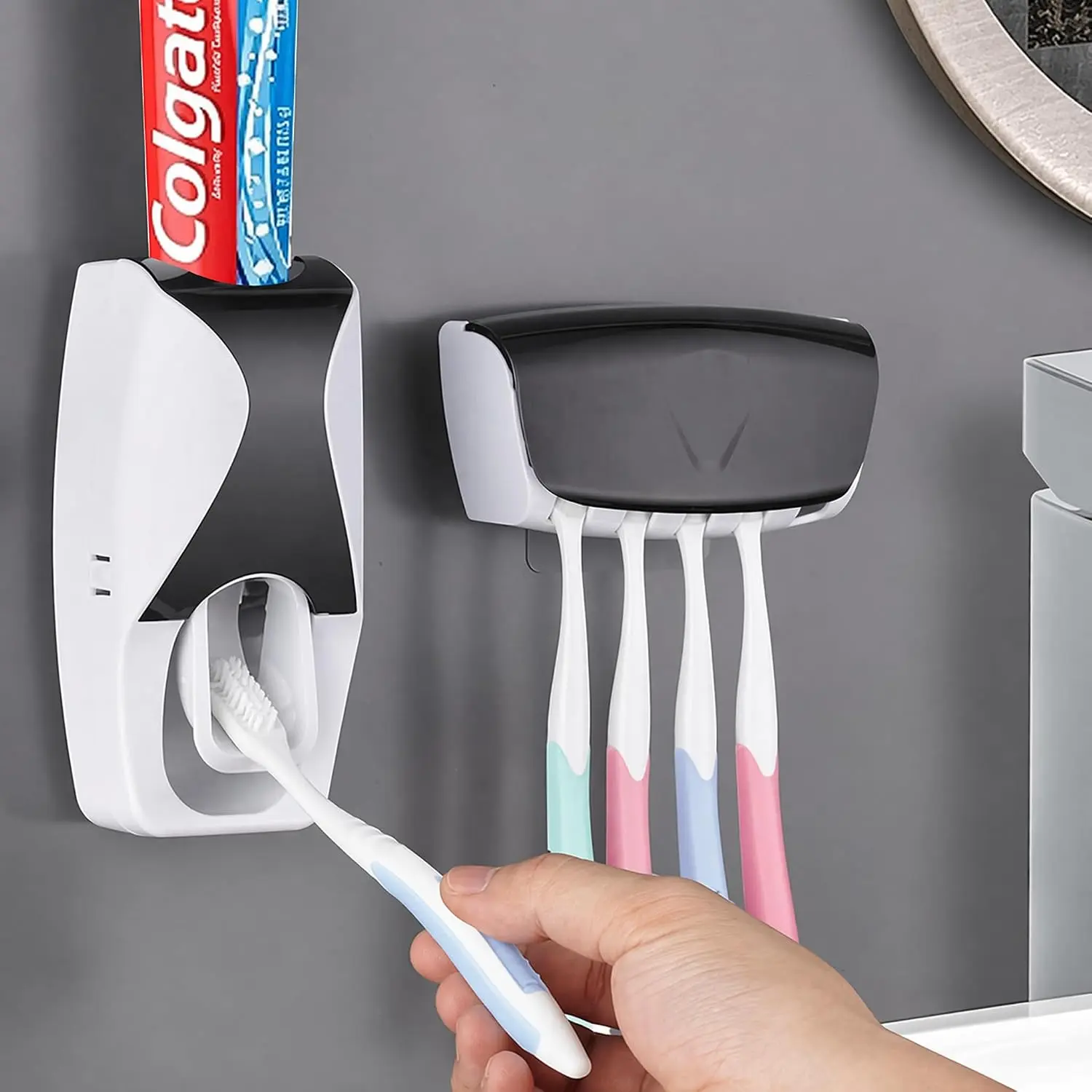 Automatic Toothbrush Dispenser Wall Mount Toothpaste Squeezer and Toothbrush Holder Set for Kids Family Bathroom Use (Black)