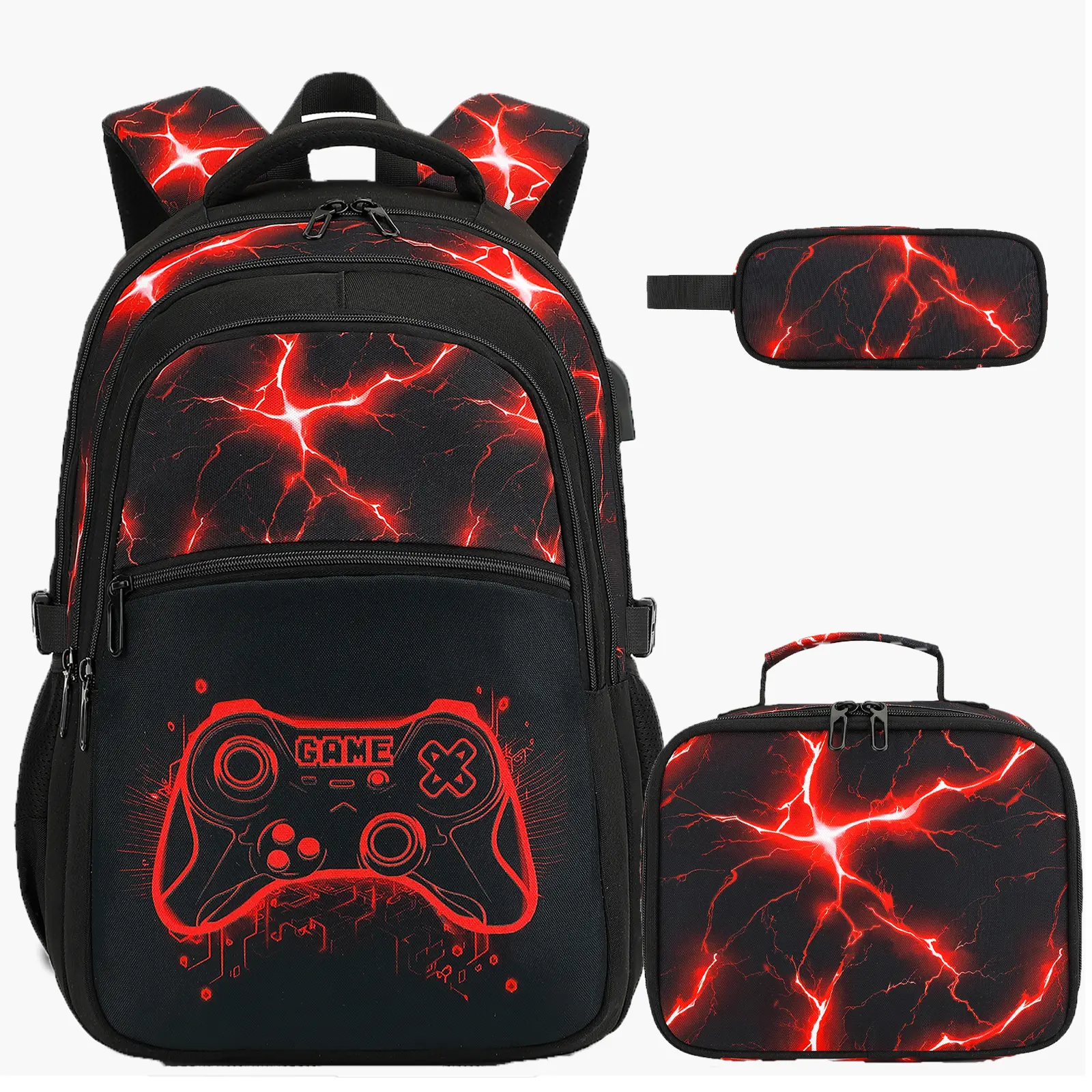 3PCS(Boys Backpack with Lunch Bag & Pencil Pouch)-Red Lightning