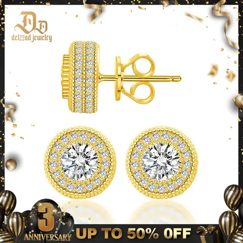 Delzzad S925 Hip Hop Iced Out Halo Stud Earrings Round Synthetic Moissanite Earrings for Men Women Birthday Anniversary Mother's Day Christmas Gifts