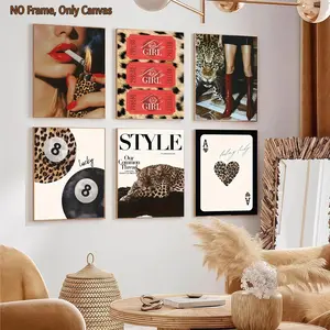 6-count frameless canvas, leopard print black 8 retro hot girl style decorative poster, light luxury style art decoration, fashionable living room wall art, modern family poster, suitable for corridor walls, room bedrooms, office art, exquisite gifts