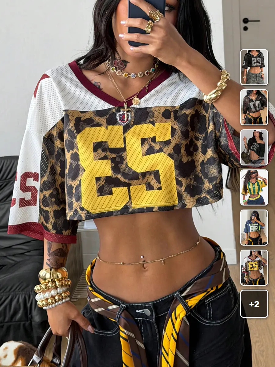 Cropped Soccer Jersey Y2K Blokecore Vintage Leopard Print Streetwear Summer Outfit