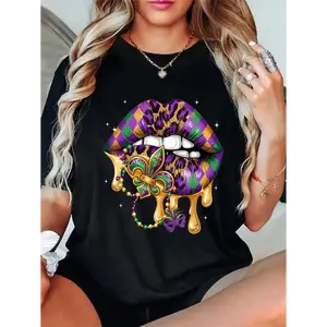 100% Cotton  Mardi Gras Lip Women Girl Fleur De Lis Costume Funny T-Shirt