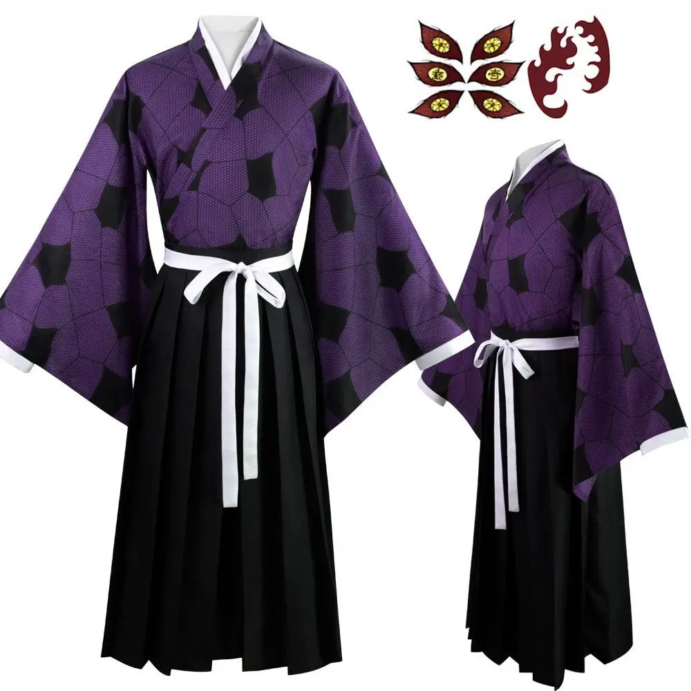 Kokushibo Purple Kimono Jacket Belt Pants and Tattoo Stickers Set for Men Cosplay Costume