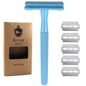 Stainless Steel (4.5") Long Handle Safety Razor for Men Women - Double Edge Shaving Razor - Fits All Double Edge Razor Blades - Comes With 5 Shave Blades Provides Bump Free Smooth Shaving Blue