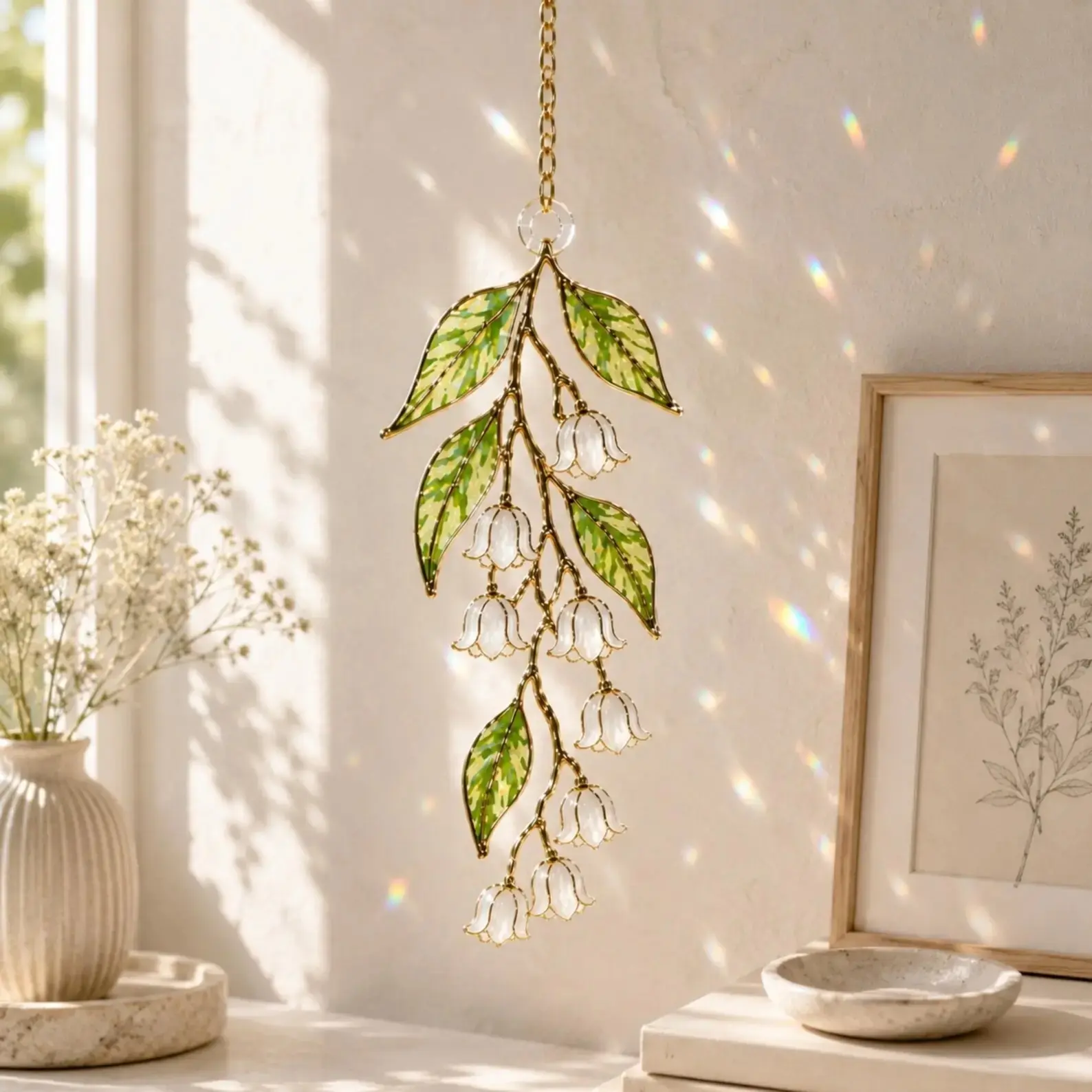 Cottagecore Lily of the Valley Suncatcher Handmade Stained Glass Hanging Crystal Prism Window Decor Plant Lover Gift Boho Bedroom Garden Wall Art Suncatcher Charm