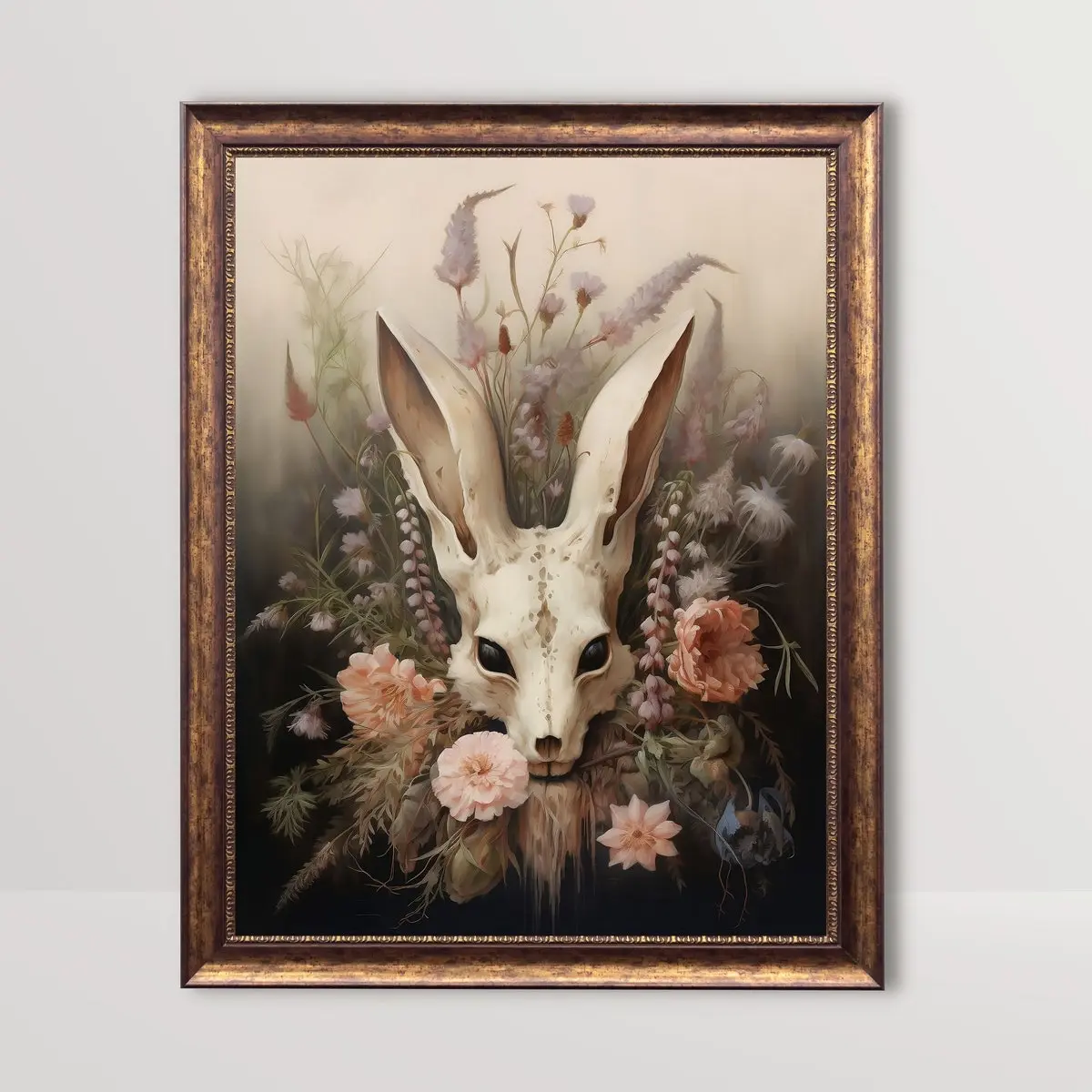 Animal Spirit Skull Wall Art, Dark Gothic Floral Print, Moody Cottagecore Alternative Poster, Witchy Aesthetic Room Decor, 5 Size, 8x12 to 27x40 inch, Unframed