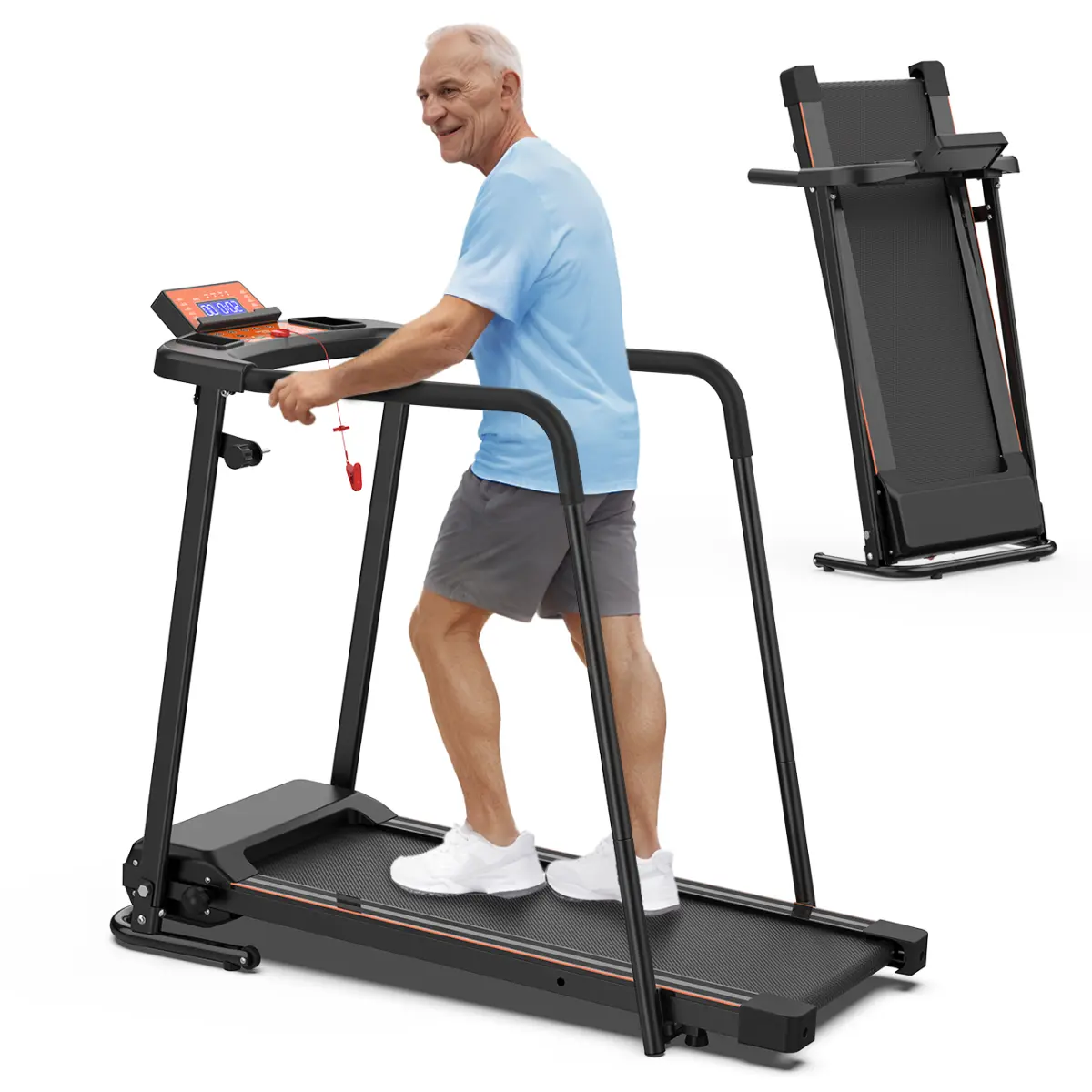 Fahuac Collapsible Foldable-Legs Treadmill for Seniors, Compact Ergonomic Home Fitness Equipment with Safety Rails, 2.5HP Quiet Motor, Dual Shock Absorption, Adjustable Speed, 43.3*14.2in Running Belt
