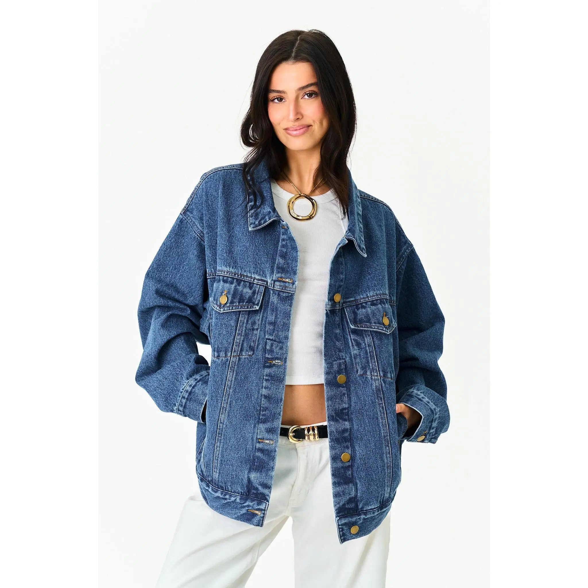 Women's Midtown Oversized Dark Wash Cotton Denim Jacket - Long Sleeve Casual Collared Neck Button-Up Coat, Loose-Fitting Outerwear, All-Season Wear, Cold Wash Safe, Long Sleeve Shirt Alternative