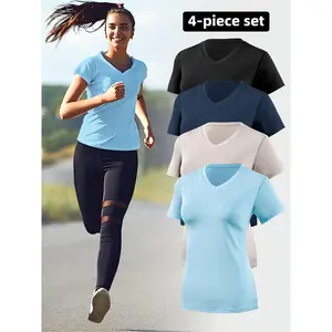 4 women's sports running V-neck short-sleeved quick-drying fitness yoga breathable sweat-absorbing slim-fit T-shirt set sporty bra tank top Athletic Yoga Tops compression shirts oversized gym shirts compression shirt women