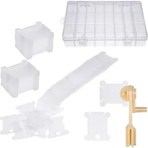 1 set embroidery thread board storage box set, equipped with 100 plastic thread wrapping boards, 1 spool coiler, and 1 detachable 24 grid cross stitch thread storage box, used for DIY sewing and jewelry storage