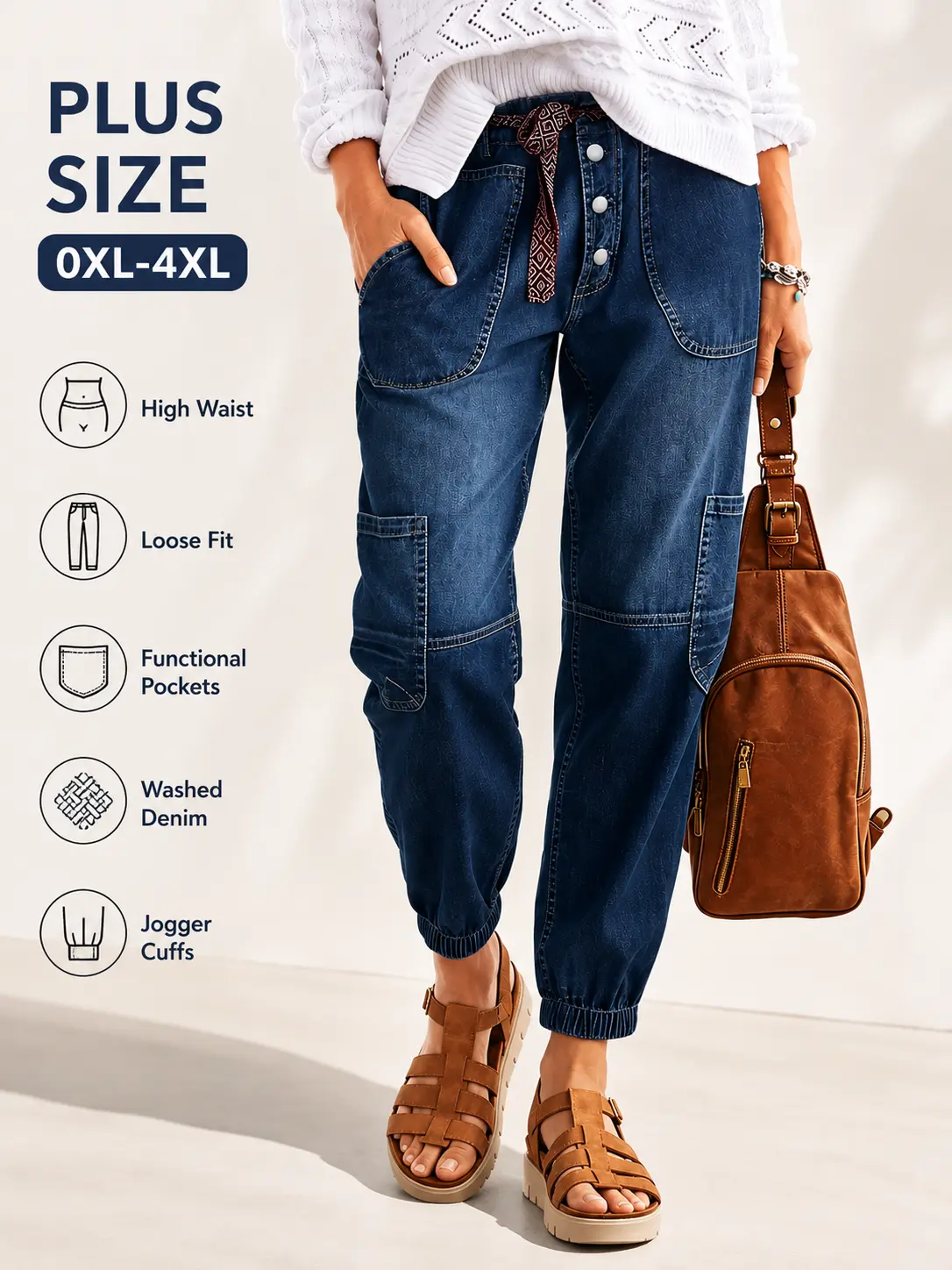Women's Plus Size Loose-Fit Dark Blue High-Waist Button-Front Denim Joggers with Functional Pockets, Casual Wear Jeans Bottoms