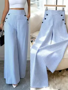 New Spring Summer Fashion Simple Woven Elegant Linen Blue Striped Wide Leg Bell Pants, Hidden Zipper Pockets Button Design