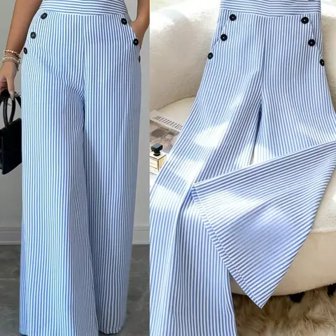 2026 New Fashion Simple Weave Elegant Blue Striped Wide-Leg Pants, High Waist Slimming Straight Loose Fit Women's Long Pants