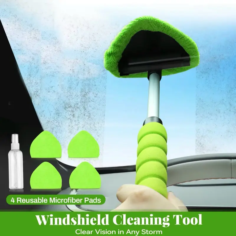 Windshield Cleaning Tool, Microfiber Car Window Cleaner with 4 Reusable and Washable Microfiber Pads and Extendable Handle