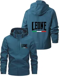 Men's Fashionable Leonf Logo Jacket, Casual Hooded Design, Zipper Pockets, Polyester Material, Spring & Fall Wear, Loose Fit