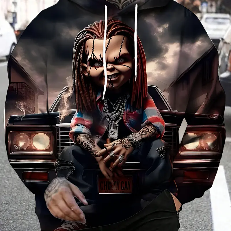 Men's Casual Sports Fitness Outdoor Home Hooded Sweater, Sweatshirt, Hooded Sweatshirts, Hooded Pullover Sweatshirt, Chucky Pattern 3D Printing, Regular Version, Elastic, With Drawstring Pocket, Knitted Fabric, Versatile Styles