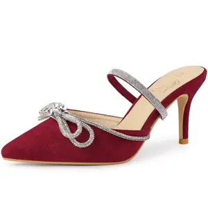 Perphy Women's Pointed Toe Solid Color Slip on Rhinestones Bow Stiletto Heel Mules Burgundy 8