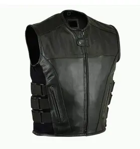 Men's Motorcycle Biker Tactical SWAT Style Black Leather Vest
