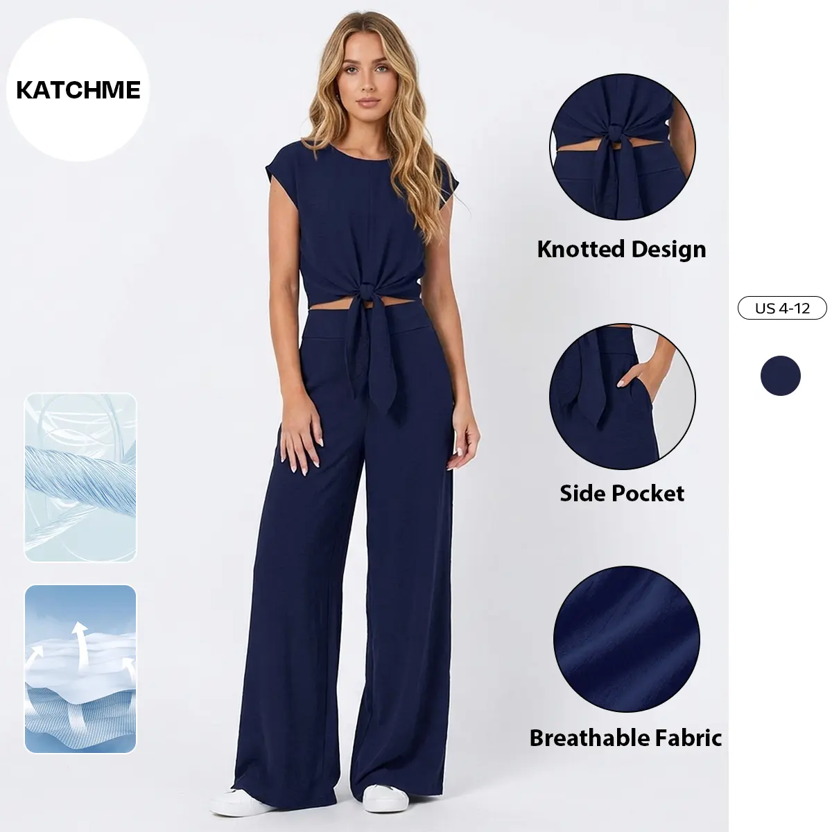 Katch Me Chic Women's Casual Solid Color Knotted Cap Sleeve Top & High Waist Wide Leg Trousers Co-ord, Simple Style Lightweight Wrinkle-Resistant Two Piece Sets