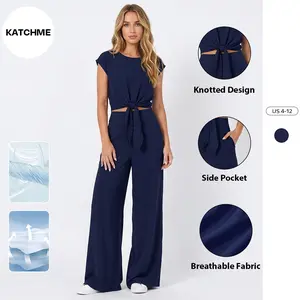 Katch Me Chic Women's Casual Solid Color Knotted Cap Sleeve Top & High Waist Wide Leg Trousers Co-ord, Simple Style Lightweight Wrinkle-Resistant Two Piece Sets