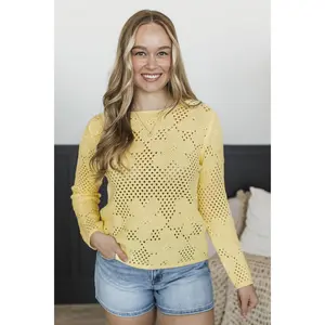 Perfectly Adorable Pointelle Knit Sweater- Light Yellow