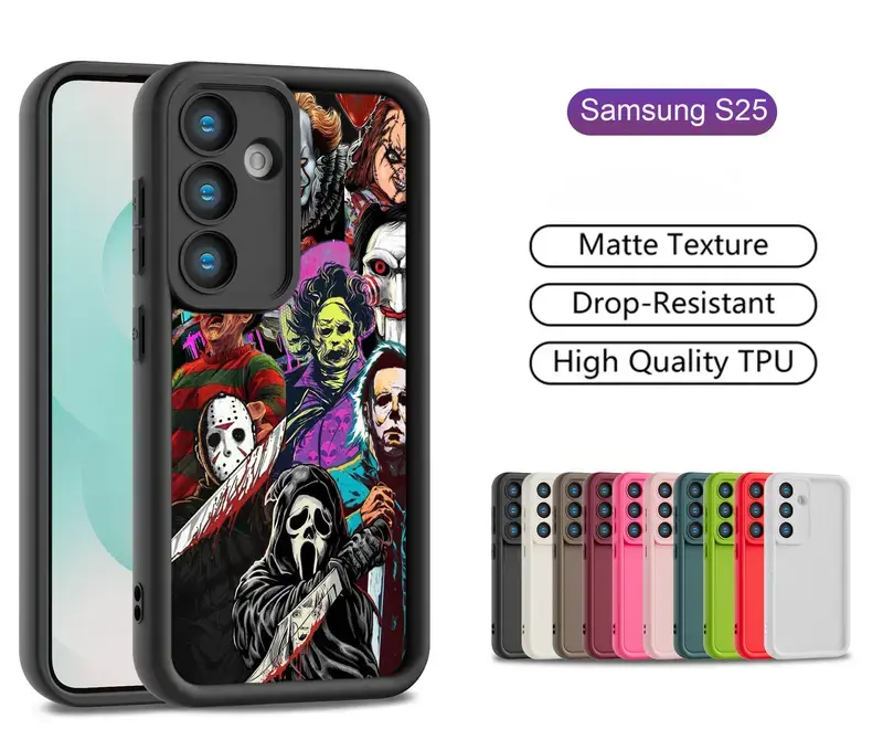 Compatible with Samsung S26 Ultra, horror movie thriller pattern phone case featuring protective anti-drop edges, soft black TPU protective cover; also compatible with S25 Plus, S24, S23 FE, S22, S21, A13, A14, A15, A16, A17, A33, A52, A53, A54, and Note