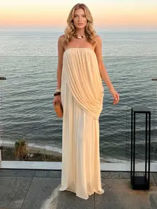 LikeMyChoice 2026 Cream Strapless Draped Maxi Dress - Beach Wedding Guest Flowy Chiffon Formal Gown Breathable Chiffon Fabric Versatile Cream Hue Travel-Friendly Design - Casual