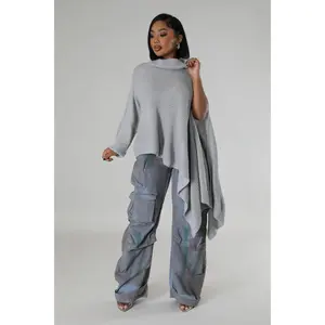 Draped Turtleneck Knit Cardigan with Asymmetrical Slit