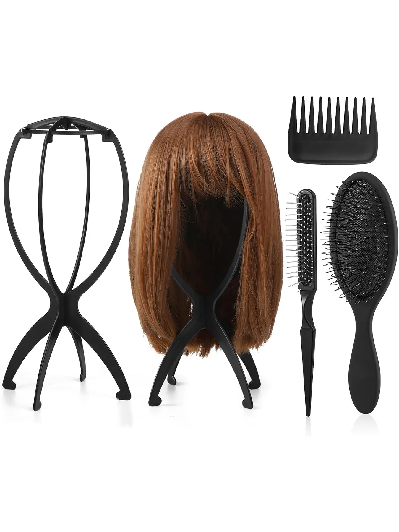 2 Pack Wig Head Stand with 3pcs Wig Brush Comb, Detangling Hairbrush, Travel Wig Holder Comb Set for Women, Multiple Wigs Organizer, Salon Styling Brush, Hair Styling Tools