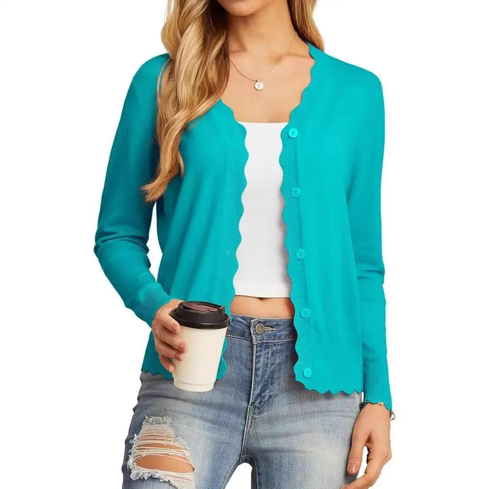 Women's Scalloped Edge Knit Cardigan Sweater, Lightweight Button Down Long Sleeve Casual Layering Top for Work, Office, Date Night & Everyday Wear