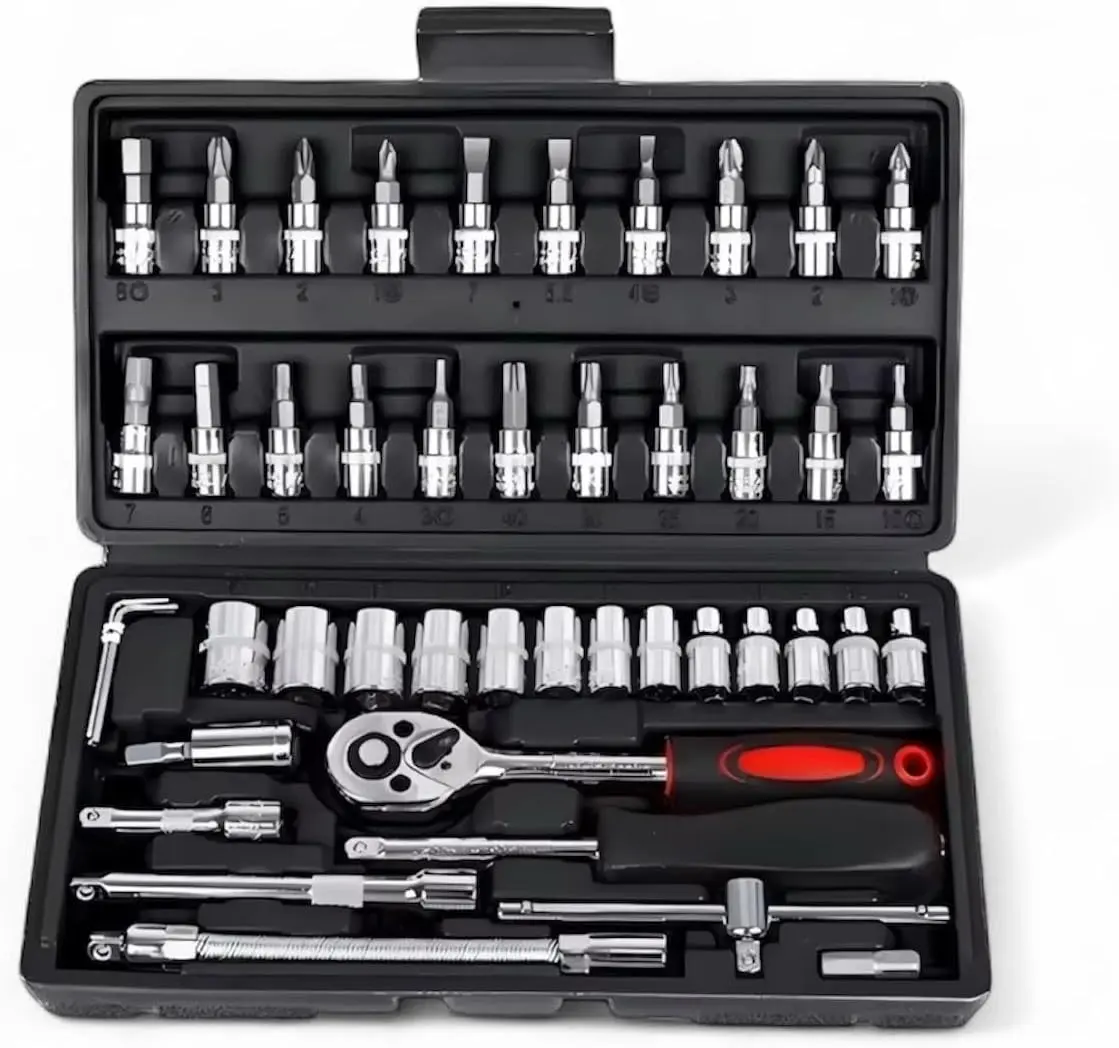 46-Piece 1/4 Inch Metric Socket Wrench Set, Premium Chrome Vanadium Ratchet Set with Quick-Release Ratchet & Extension Bar, Portable Compact Storage Case - Professional Grade for Automotive Repair, Home Maintenance & DIY Projects