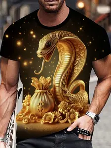 (Alai Selection) Men's 3D Golden Python Print-Shirt- Casual Comfortable, Breathable Polyester Fiber, Washable, Pattern Print Crew Neck-Shirt, PLUS SIZE