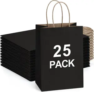 Kraft Paper Bags 25Pcs 5.25x3x8 Inches Small Paper Gift Bags with Handles Bulk for Party Favor, Retail, Merchandise, Black Gift Sacks