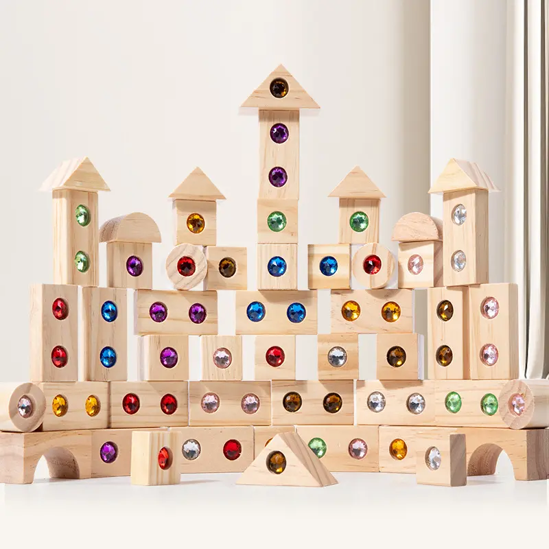 Hatwoo 32pcs/50pcs Colorful Acrylic Stones & Wooden Building Block Set - Geometric Educational Puzzle Toy for 3-4 Years Toddlers, Boosts Color Sensory Perception, Ideal for High-Rise Building, Christmas Gift with Good Light Transmittance