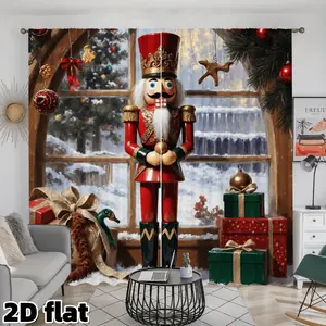 2D Flat 2Pcs Christmas Nutcracker Curtains, Holiday Theme Digital Print, Semi Sheer Rod Pocket Design, Festive Home Decor for Living Room Bedroom Kitchen Window Treatment, Christmas Present and Gift Box Pattern, Privacy Protection