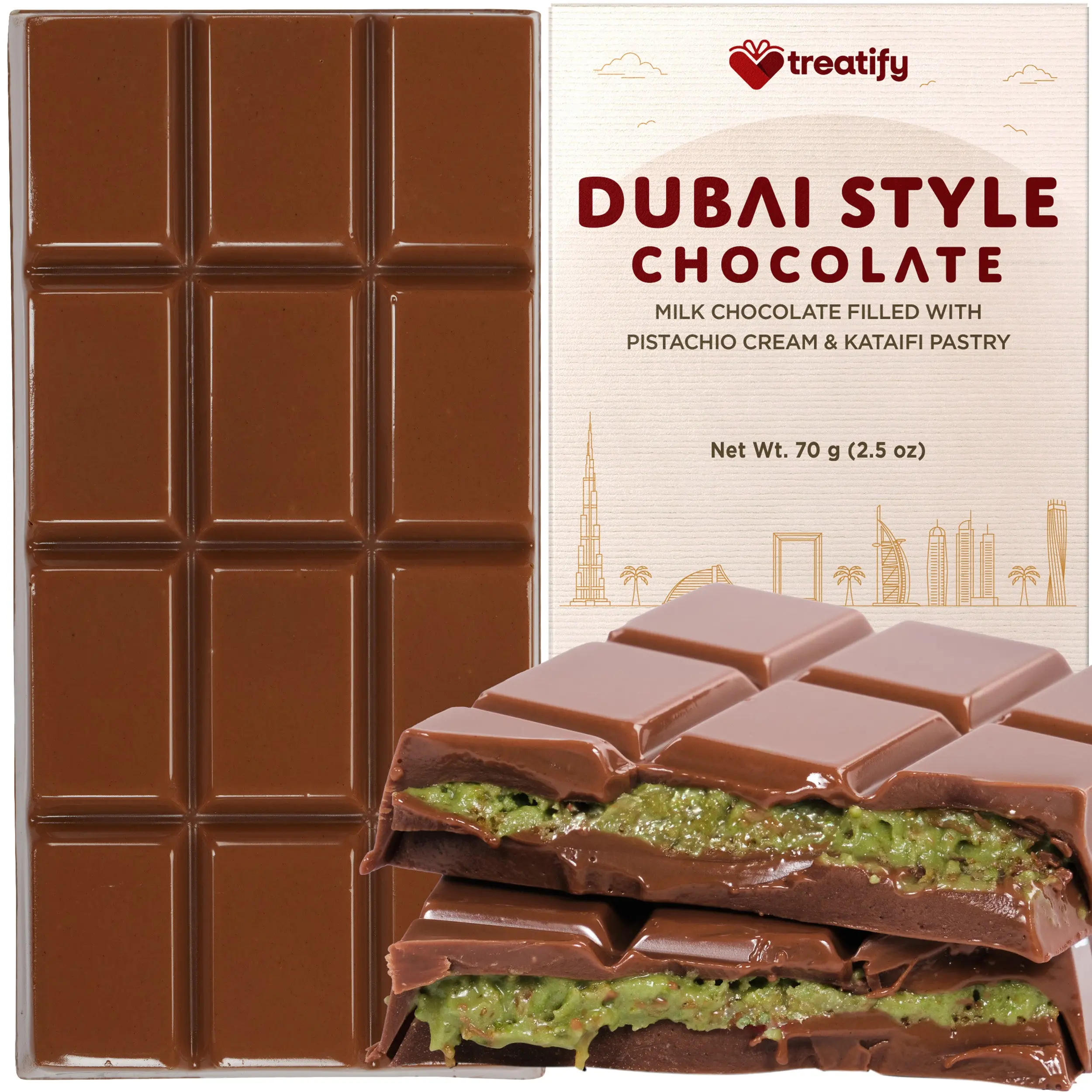 Treatify Dubai Chocolate, Mini Milk Dubai Chocolate Bar Pistachio, 2.5oz