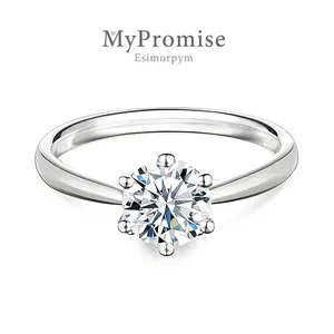 S925 1-2ct Round VVS Moissanite Classic Six-Prong Women Ring Costume Jewelry Accessories Perfect Gifts for Engagement Wedding Anniversary