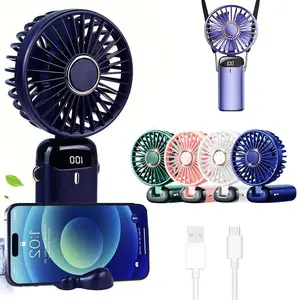 1pc USB Fan, Mini Fan, Electric Fan, Portable Handheld USB Rechargeable Fans, Neck Fan, 5 Wind Speeds, With Digital Display and Lanyard, Portable Fan, Turbo Fan, 90° Foldable Desk Fan With Base, Can be Used as a Phone Stand
