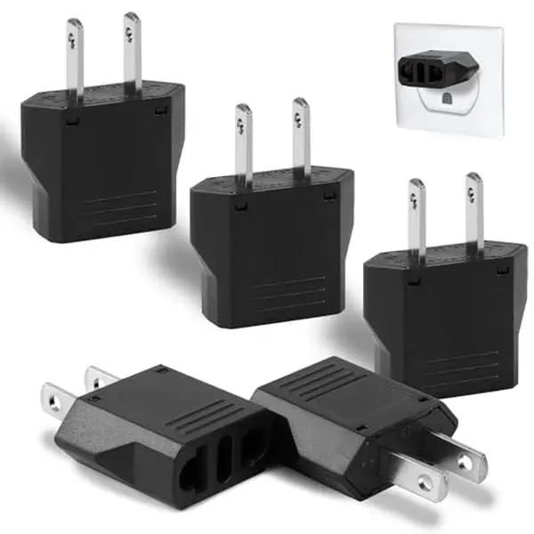 6-Pack Mini Flat European to US Socket Converter Travel Adapters (Black), Mini Travel Adapters