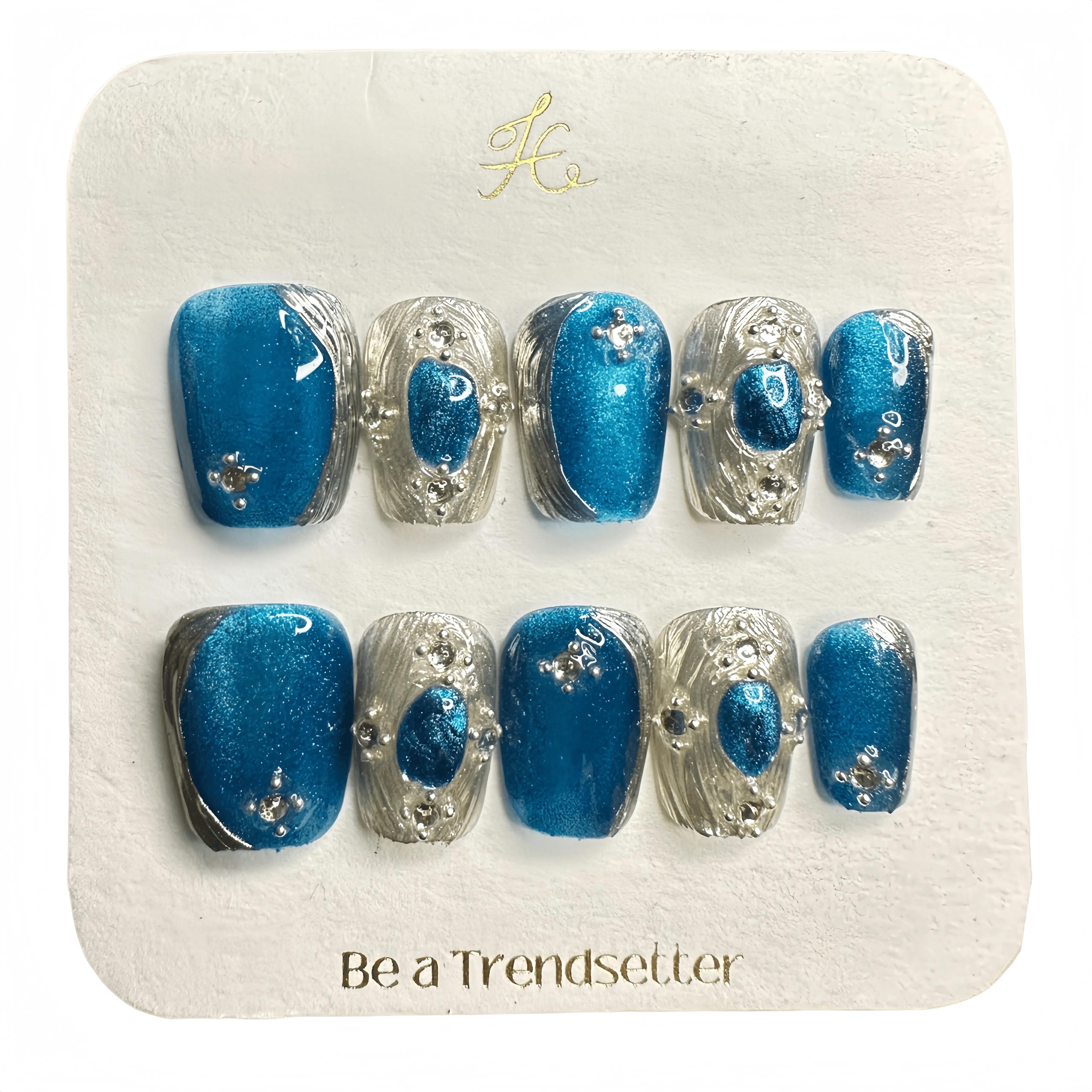 Handmade Press-On Nails short nails | with Lake Blue Cat-Eye & French Tip Design | Reusable Glossy Acrylic Set for Health Protection & Diverse Occasions, 70G