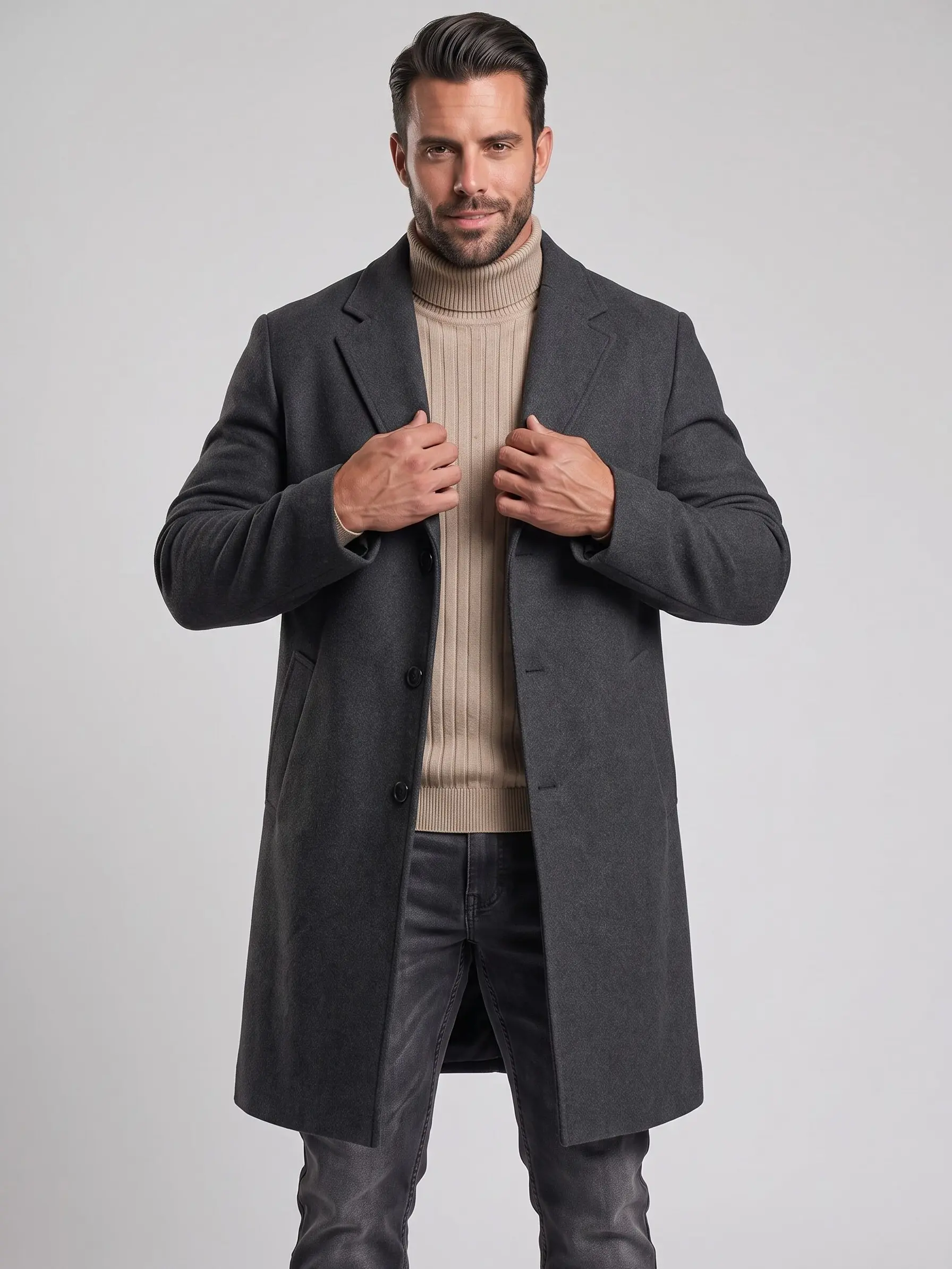 KZZ Men's Regular Fit Long-Sleeve Classic Plain Button-Front Lapel Neck Midi Jacket - Khaki, Fall Winter Casual Wear, Christmas Gift for Him, Menswear Coat