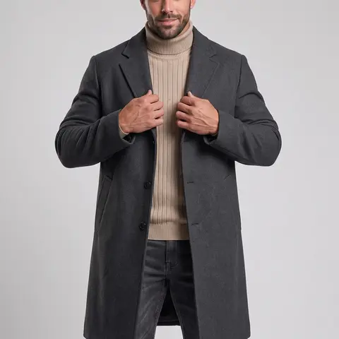 KZZ Men's Regular Fit Long-Sleeve Plain Button-Front Lapel Neck Midi Jacket - Khaki, Fall Winter Casual Outerwear, Christmas Gift for Him, V-Neck Option
