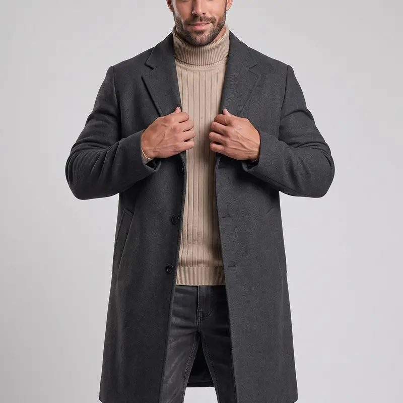 KZZ Men's Regular Fit Long-Sleeve Plain Button-Front Lapel Neck Midi Jacket - Khaki, Fall Winter Casual Outerwear, Christmas Gift for Him, V-Neck Option
