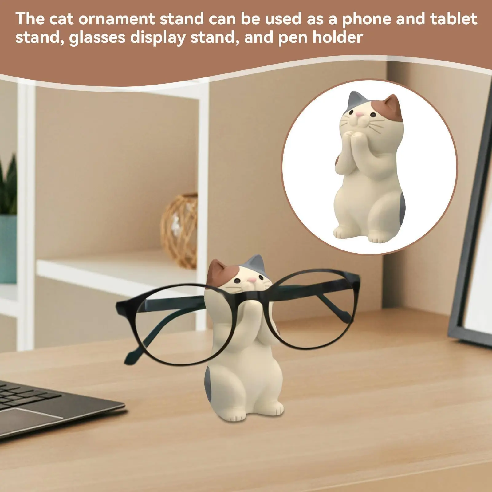 Whimsical Calico Cat Resin Eyeglass Holder Stand - Scratch Guard, Small Footprint Desk/Nightstand Decor, Hand-Painted Kitten Eyewear Retainer, Unique Birthday Gift for Cat Lovers, Home/Office Accessory, Eye Glasses Holder